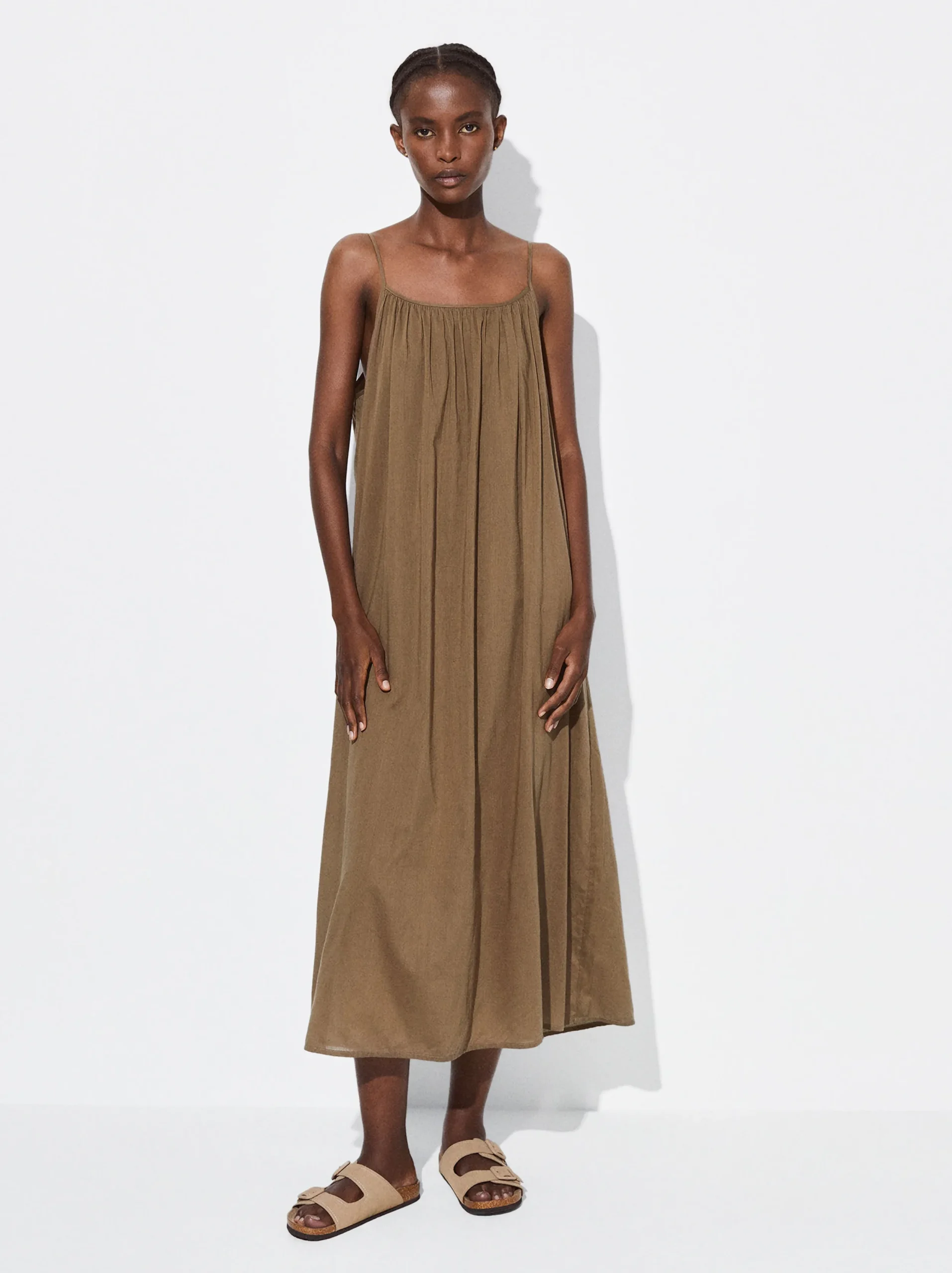 PARFOIS Vestido Midi Algodón Caqui Hot